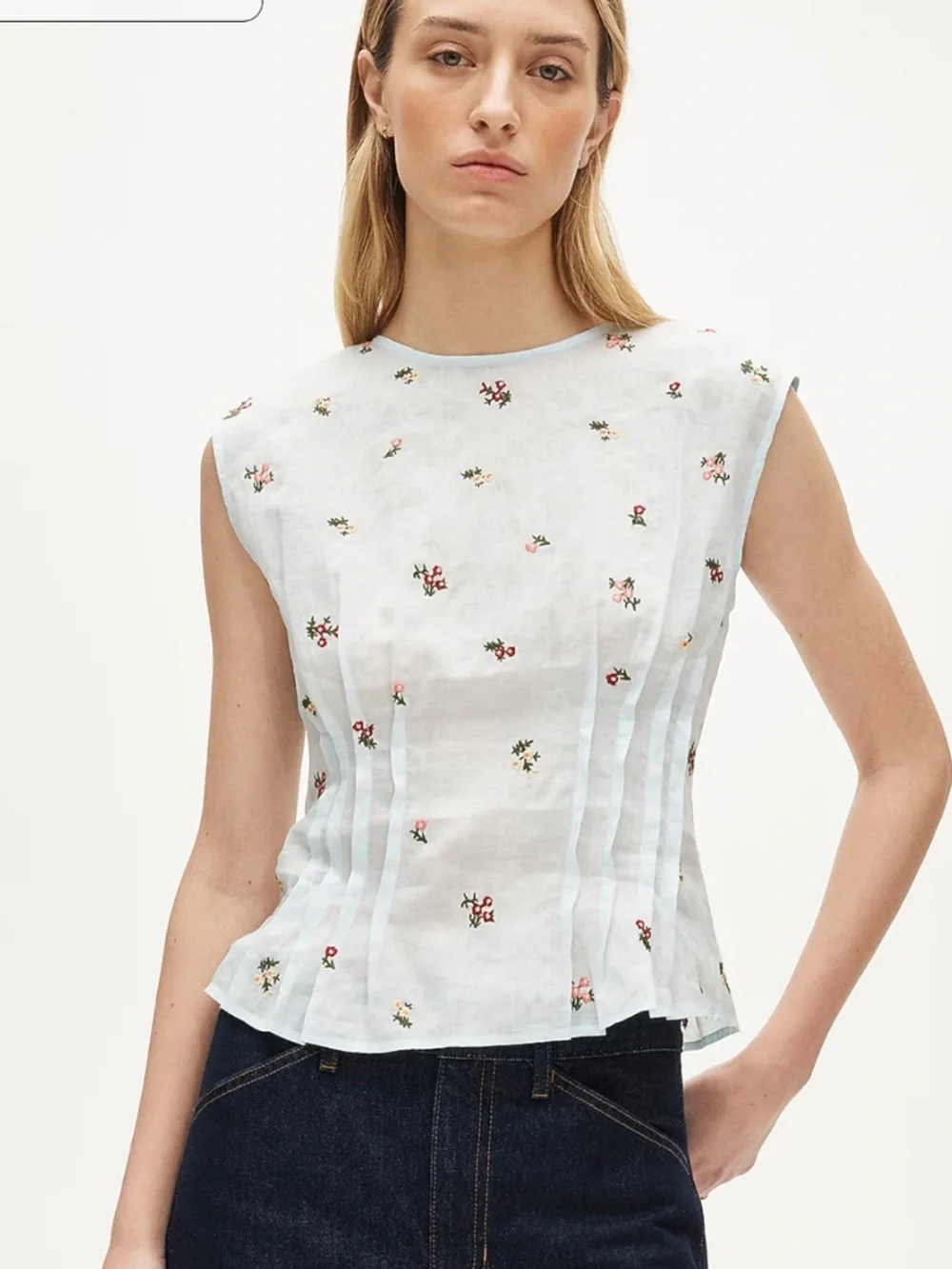 J crew Pintuck shell top in ramie with embroidered florals